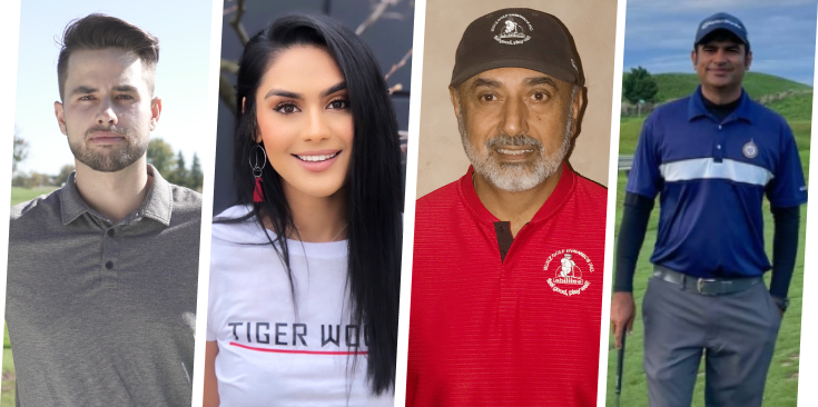 Headshots of Sean Carlino, Bhanisha Patel, Munz Abdulla, and Sajjad Jameel - four of the golf instructors at Swang Golf